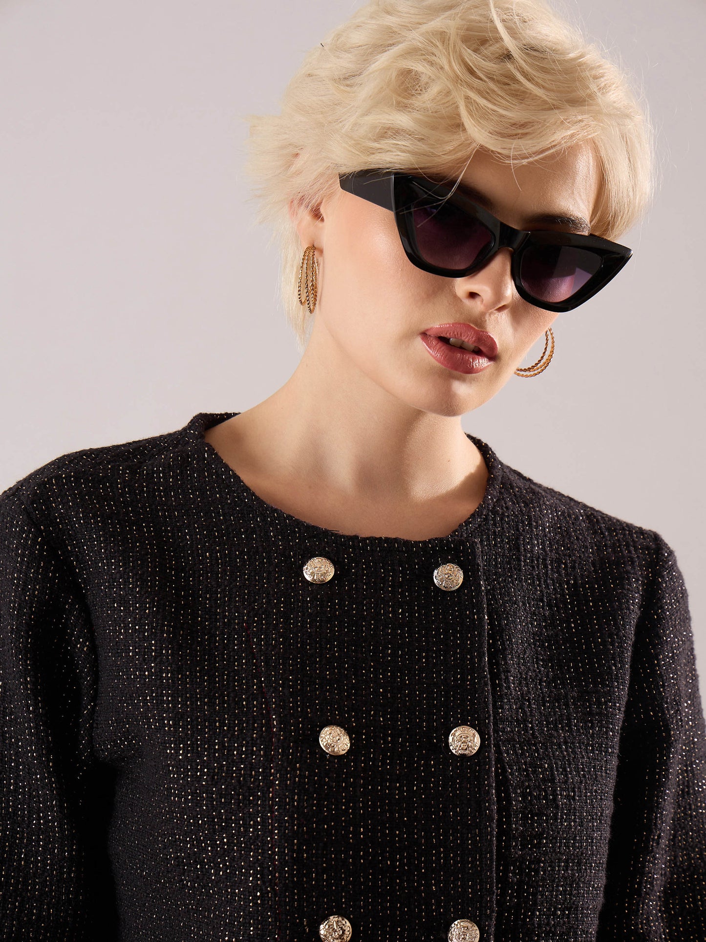 Women Black Tweed Full Sleeves Crop Blazer With Mini Skirt