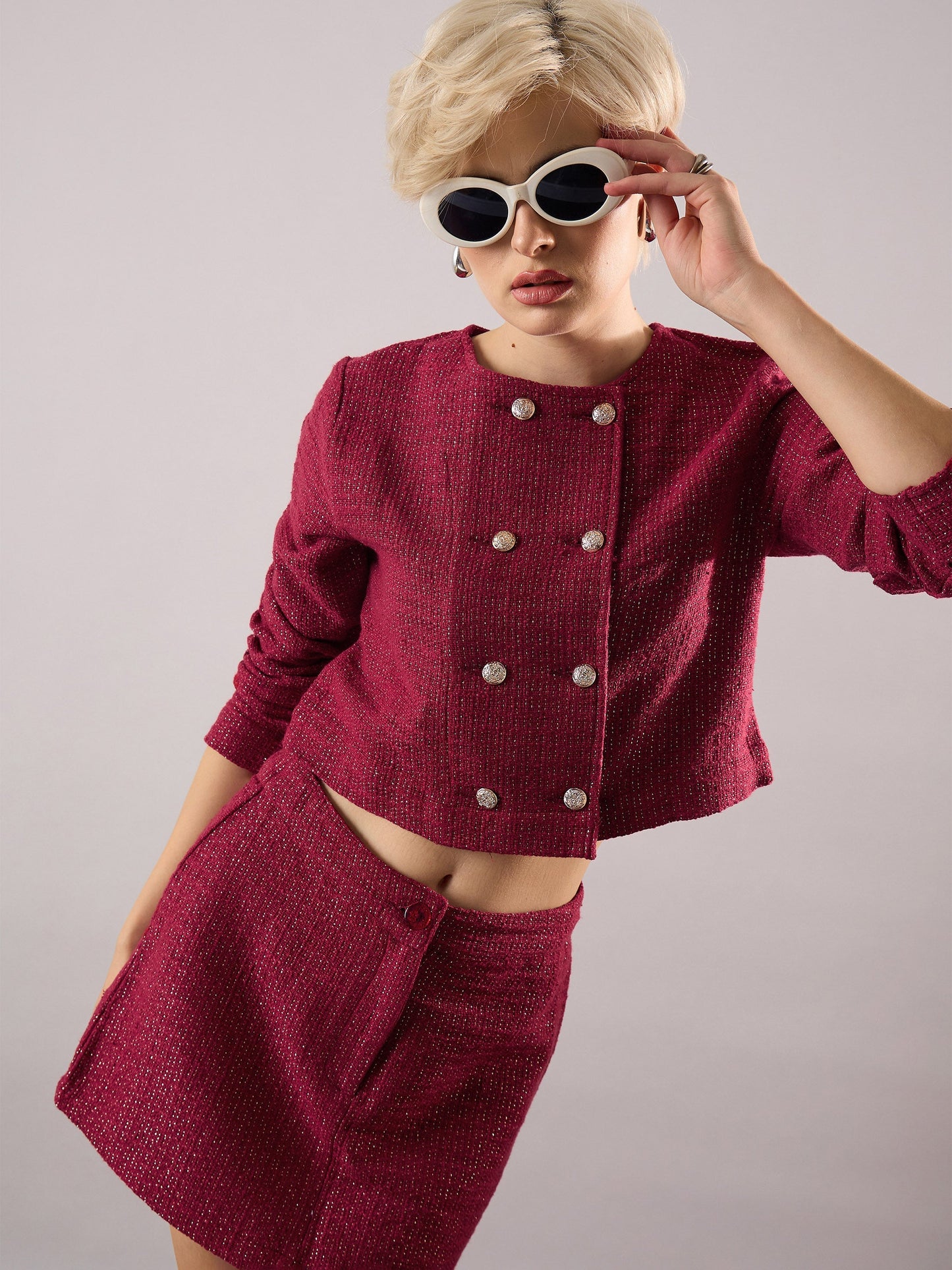 Women Maroon Tweed Full Sleeves Crop Blazer With Mini Skirt