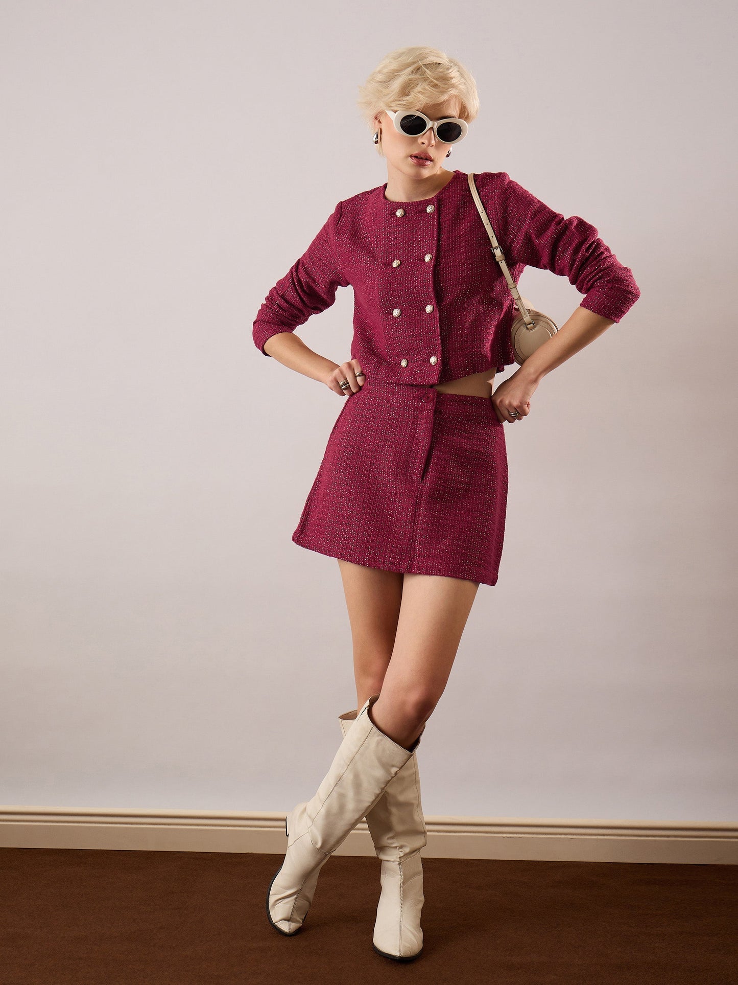 Women Maroon Tweed Full Sleeves Crop Blazer With Mini Skirt