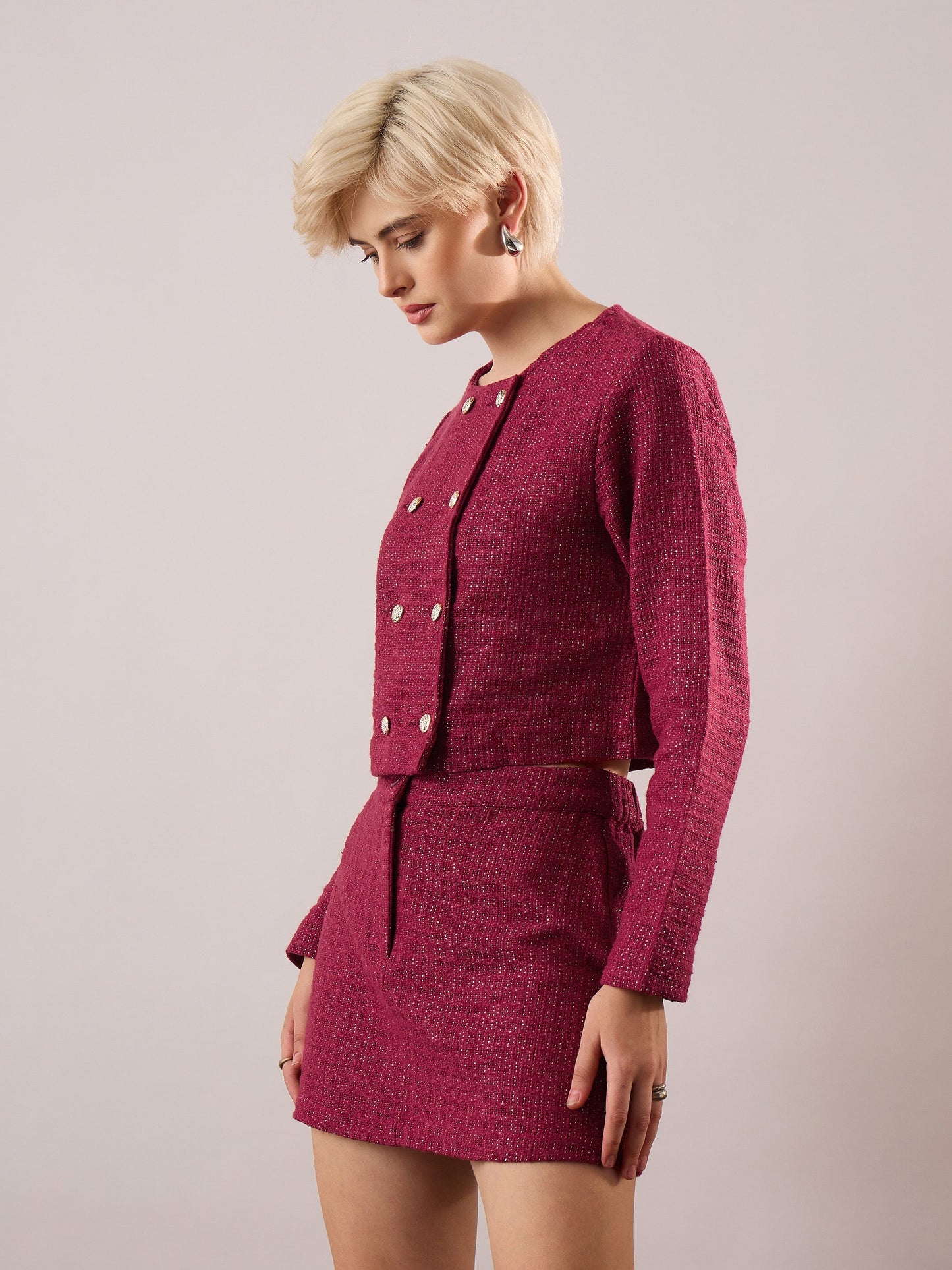 Women Maroon Tweed Full Sleeves Crop Blazer With Mini Skirt