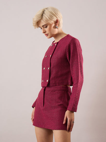 Women Maroon Tweed Full Sleeves Crop Blazer With Mini Skirt