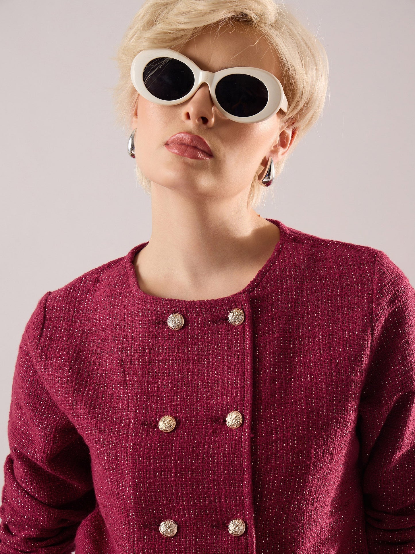 Women Maroon Tweed Full Sleeves Crop Blazer With Mini Skirt