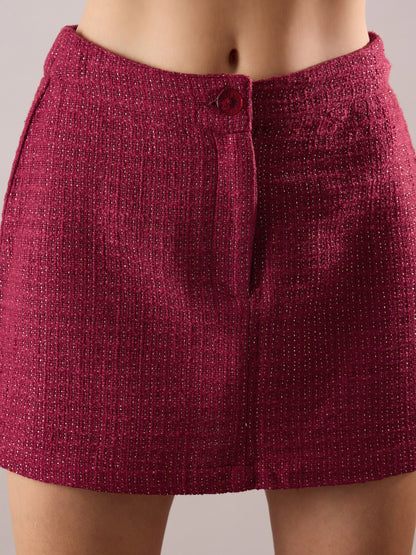 Women Maroon Tweed Full Sleeves Crop Blazer With Mini Skirt
