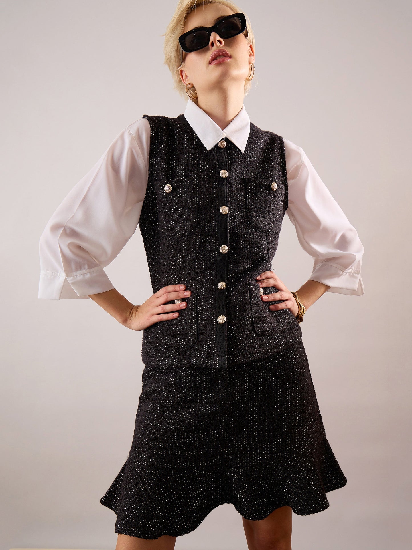 Women Black Tweed Waist Top With Flared Mini Skirt