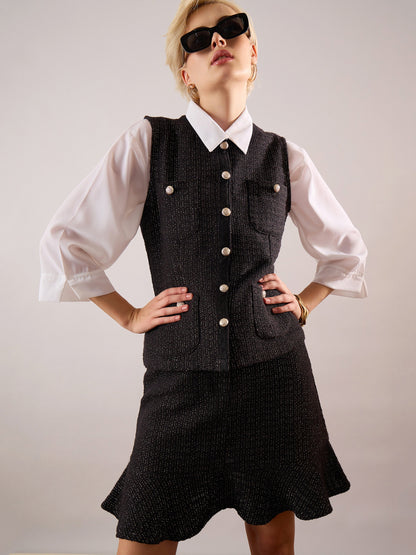 Women Black Tweed Waist Top With Flared Mini Skirt