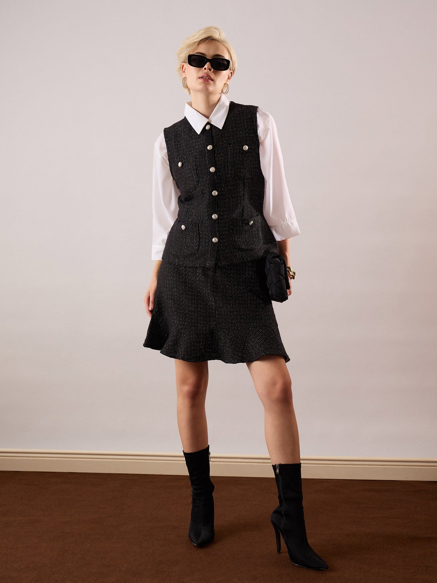 Women Black Tweed Waist Top With Flared Mini Skirt