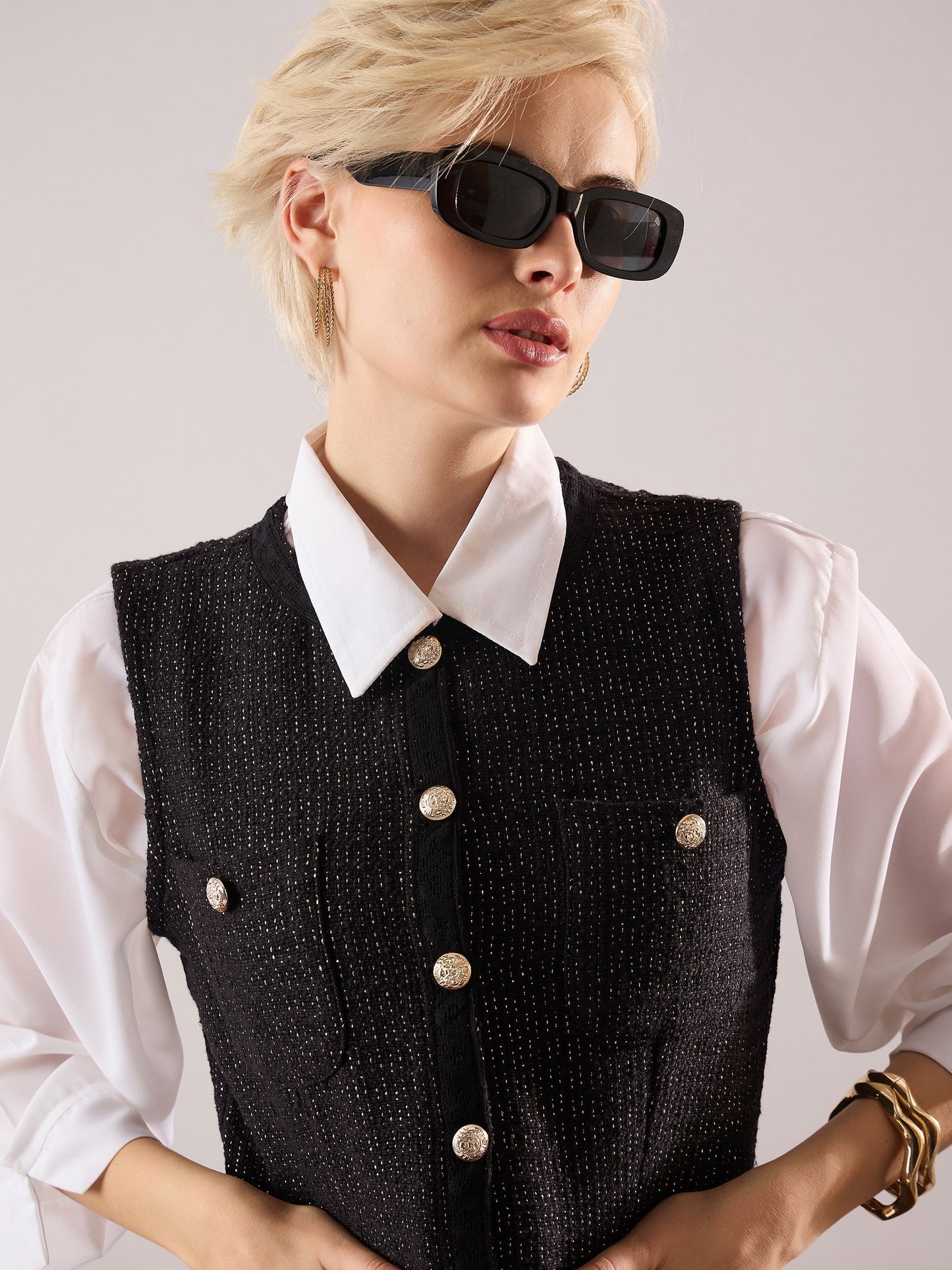 Women Black Tweed Waist Top With Flared Mini Skirt