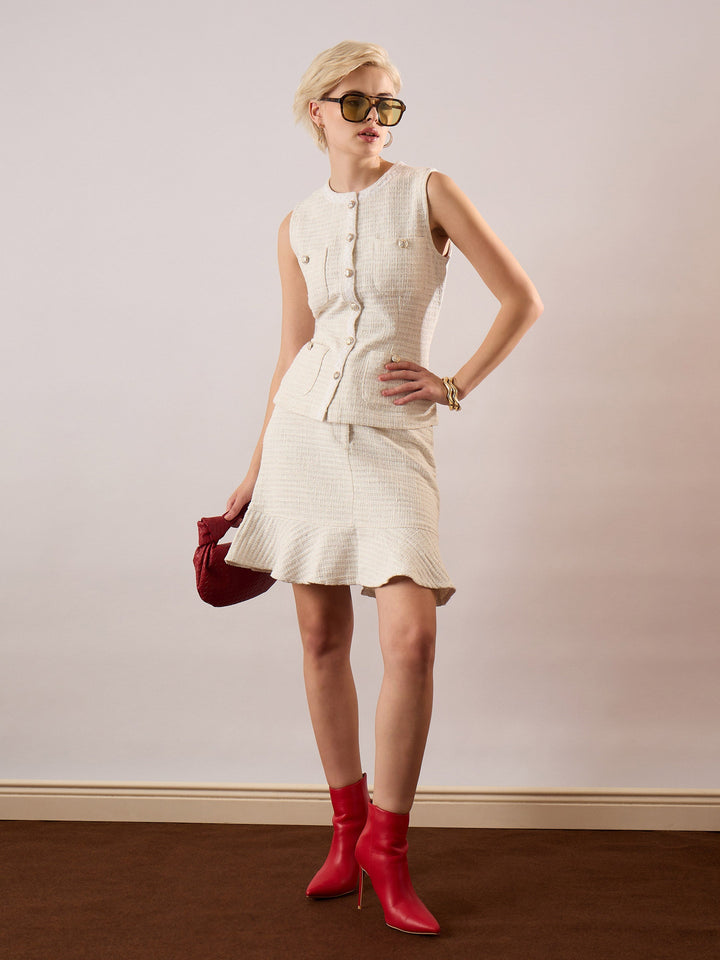 Women White Tweed Waist Top With Flared Mini Skirt