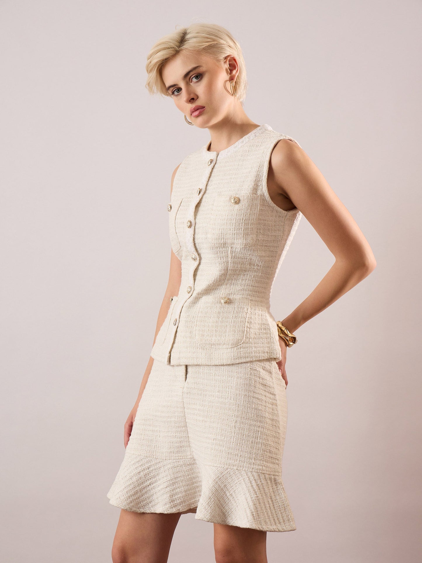 Women White Tweed Waist Top With Flared Mini Skirt