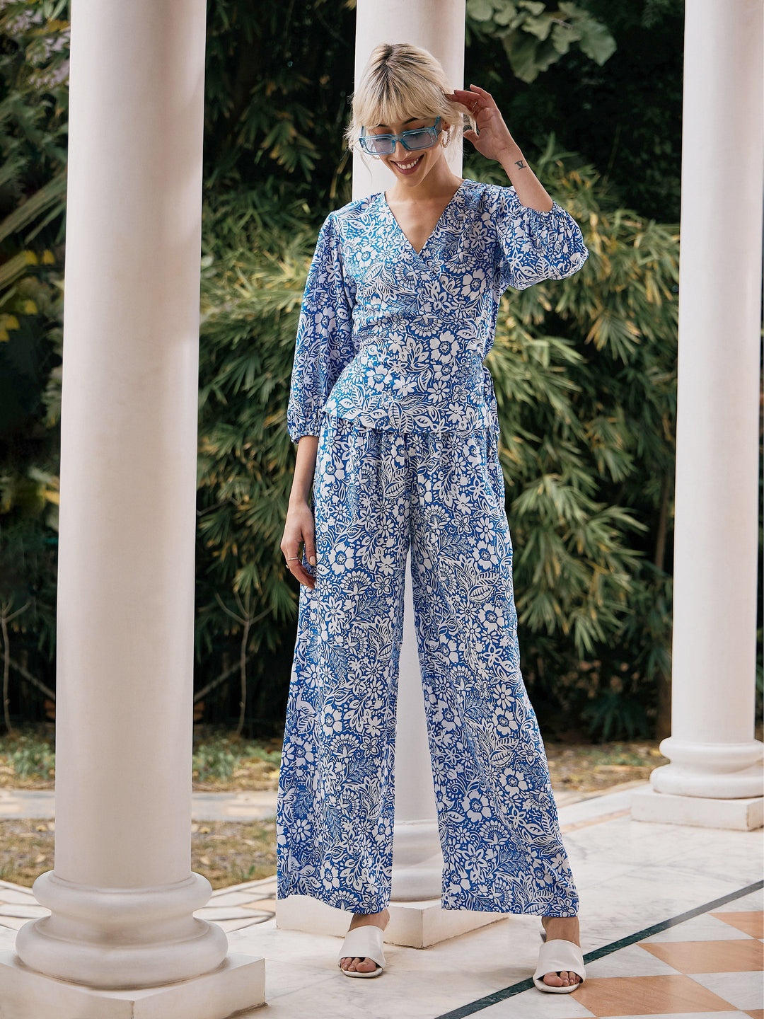 Women's Women Blue Floral Wrap Top With Palazzos in Crepe by Sassafras for wholesale, bulk, supplier, manufacturer and wholesaler buyers from Trendphoria