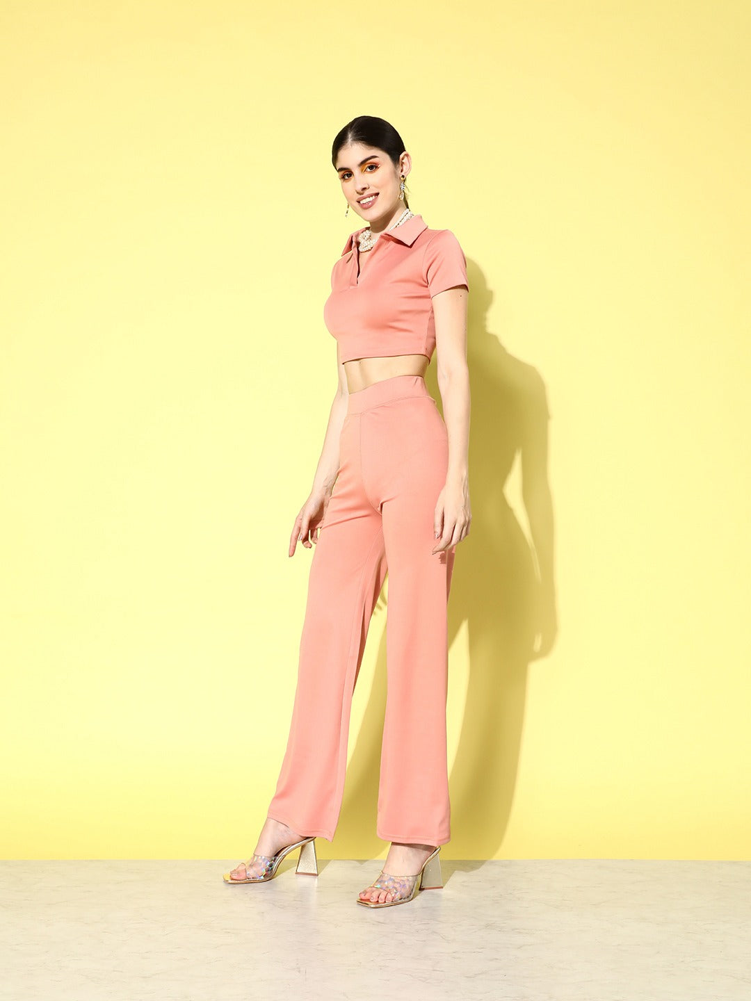 Pink Polo Crop Top With Yoga Pants