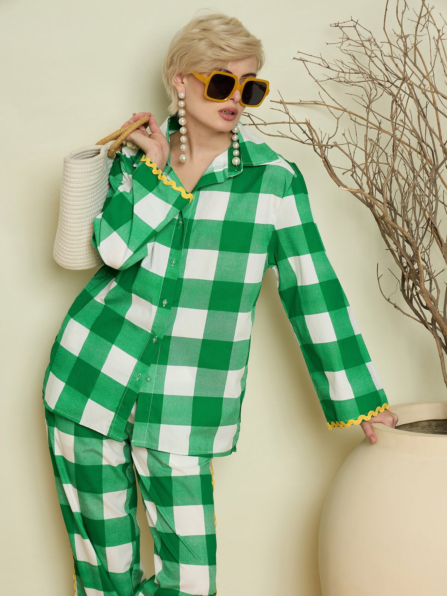 Women Green Big Check Ric Rac Shirt With Straight Pants