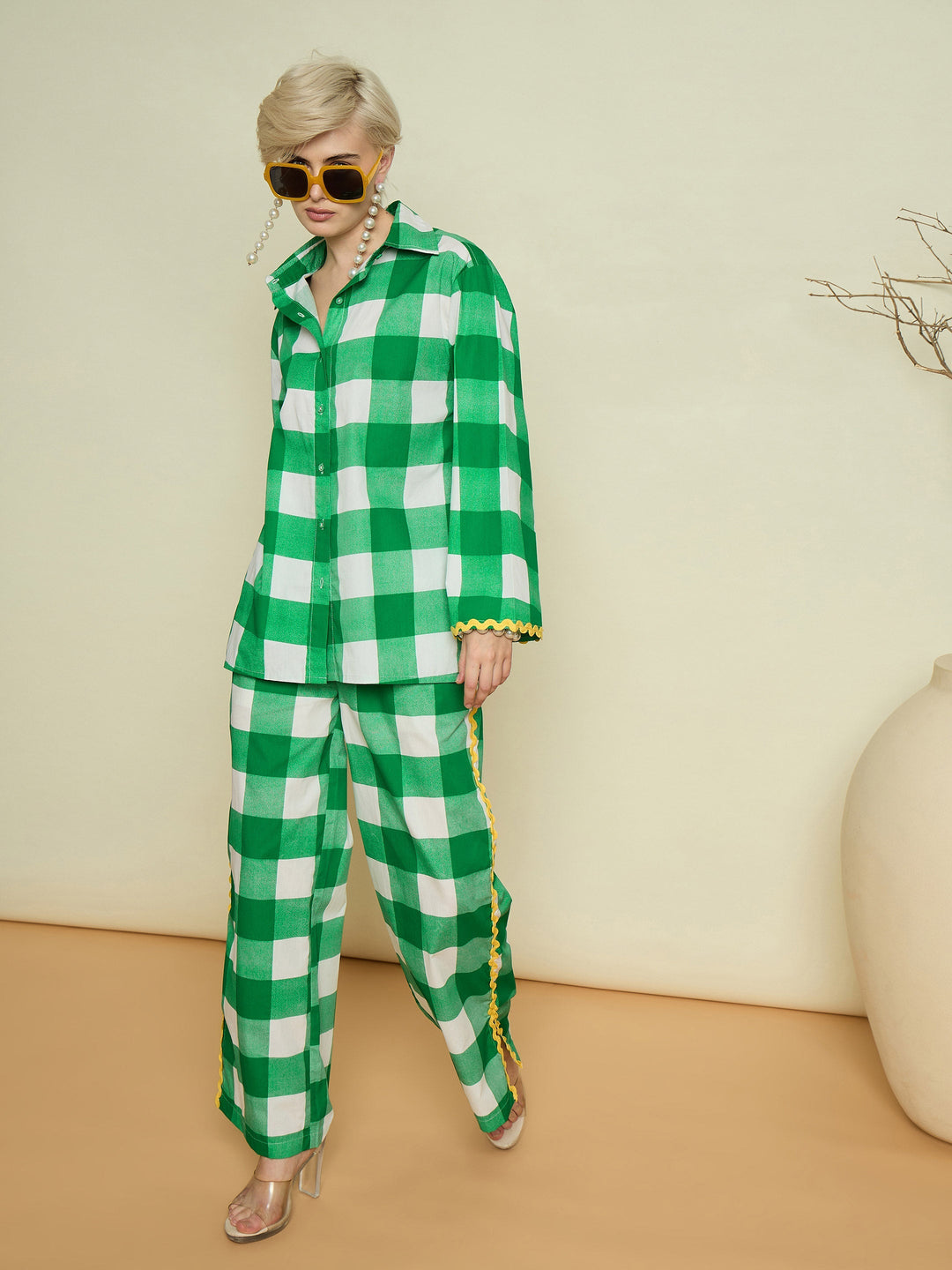 Women Green Big Check Ric Rac Shirt With Straight Pants