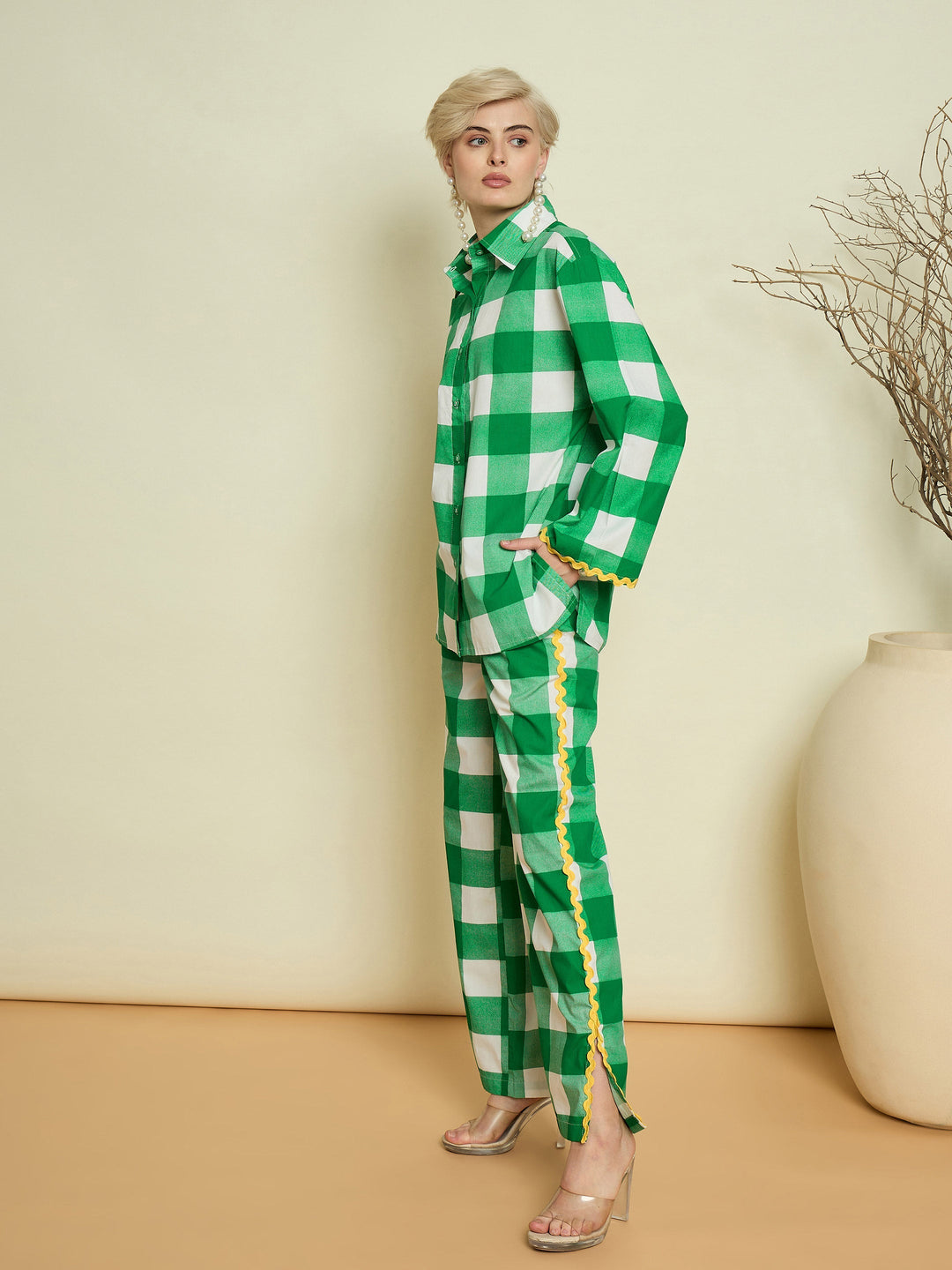 Women Green Big Check Ric Rac Shirt With Straight Pants
