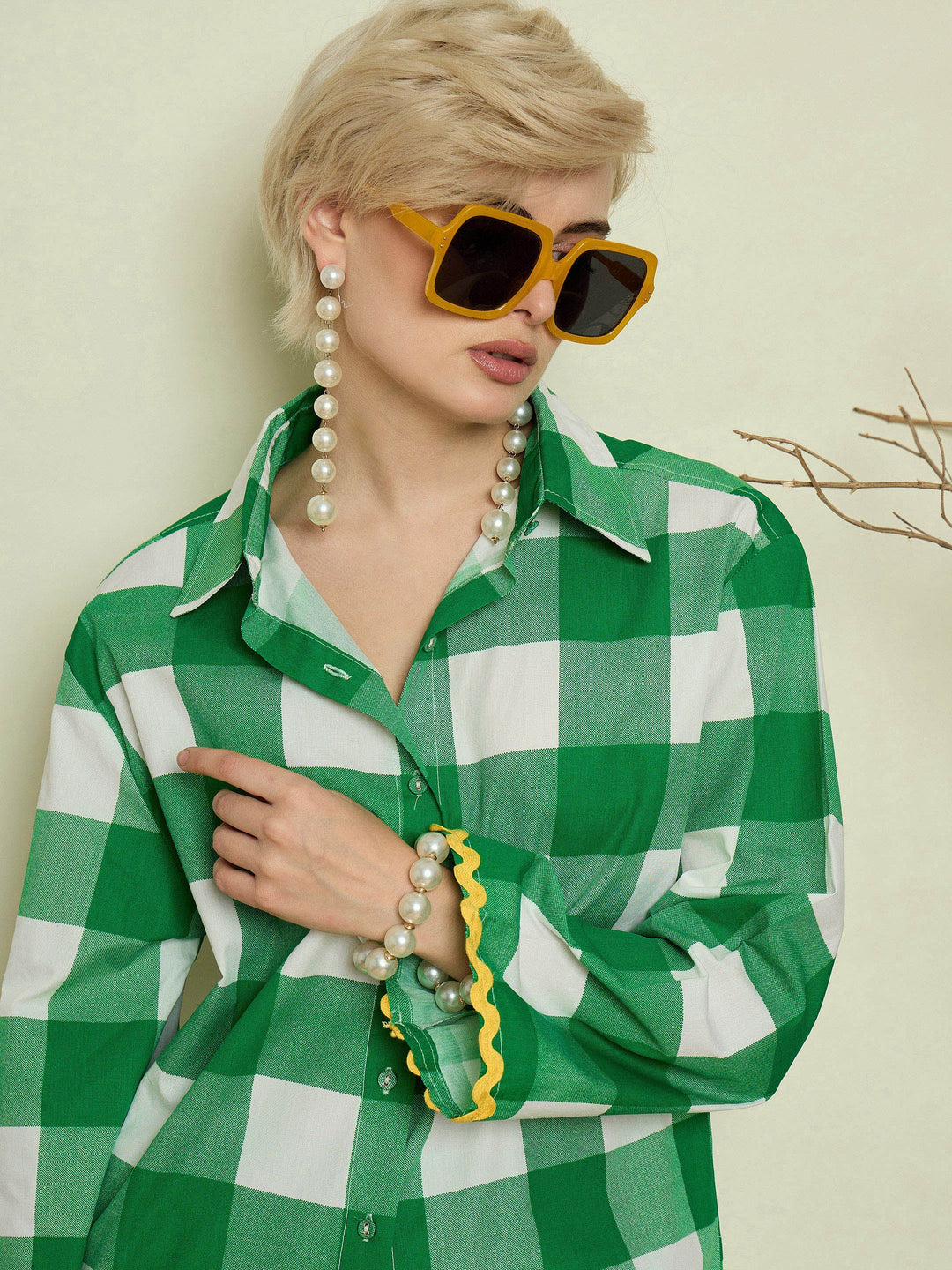 Women Green Big Check Ric Rac Shirt With Straight Pants