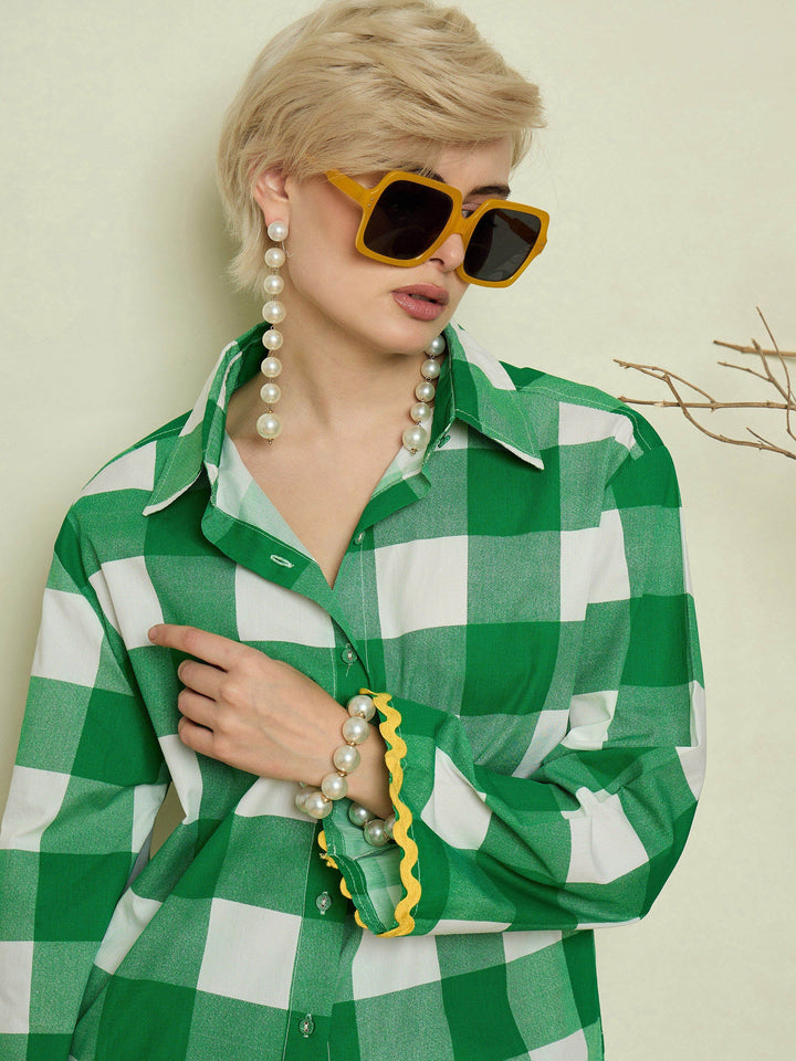 Women Green Big Check Ric Rac Shirt With Straight Pants