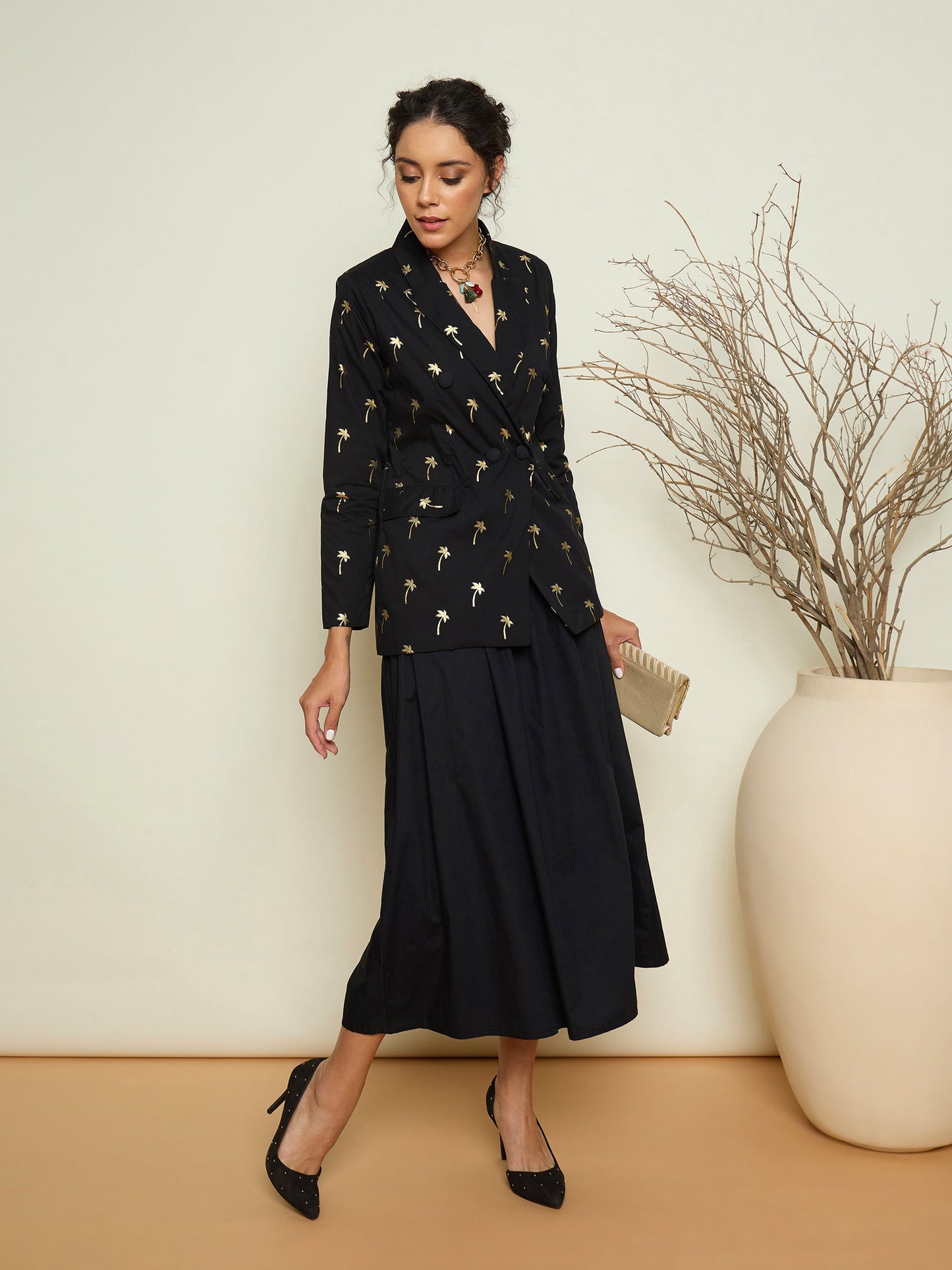 Women Black Foil Print Double Breasted Blazer With Gathered Skirt