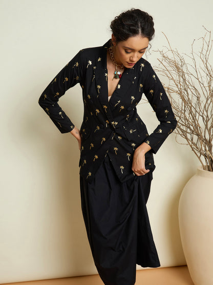 Women Black Foil Print Double Breasted Blazer With Gathered Skirt