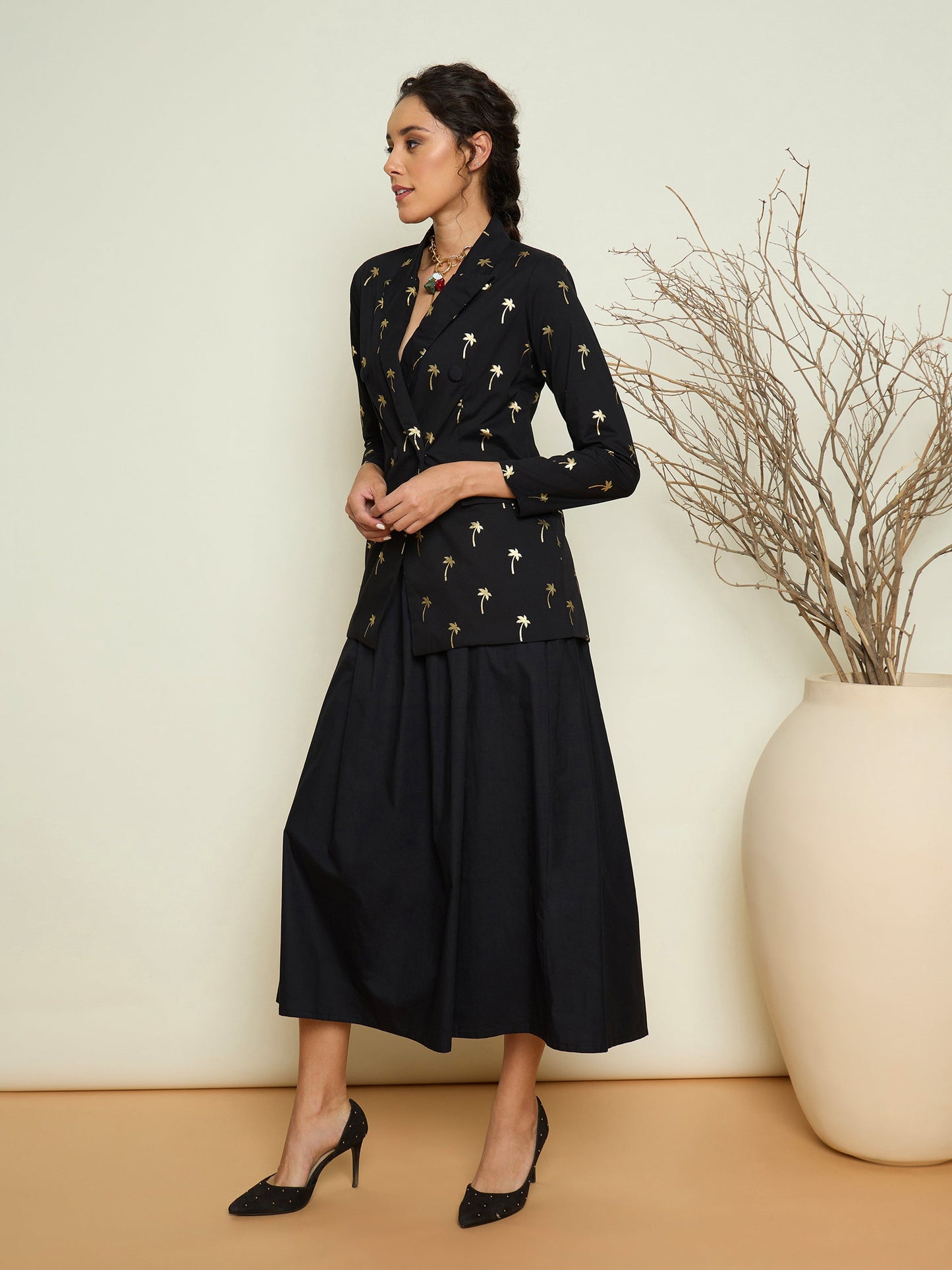 Women Black Foil Print Double Breasted Blazer With Gathered Skirt