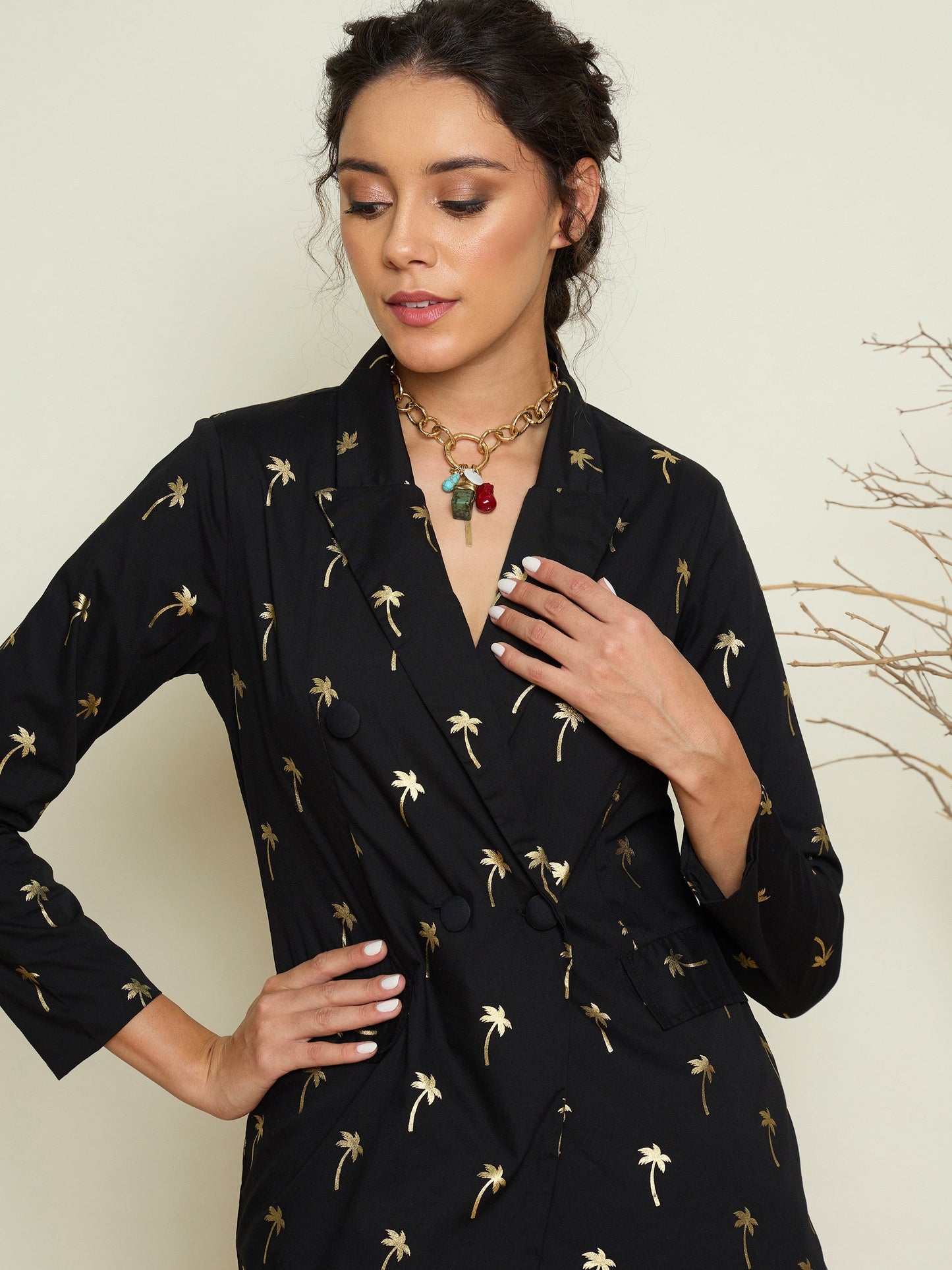 Women Black Foil Print Double Breasted Blazer With Gathered Skirt