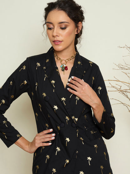 Women Black Foil Print Double Breasted Blazer With Gathered Skirt