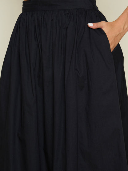 Women Black Foil Print Double Breasted Blazer With Gathered Skirt