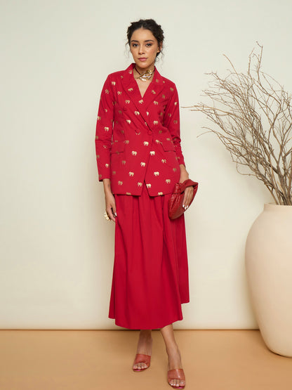 Women Fuchsia Foil Print Double Breasted Blazer With Gathered Skirt