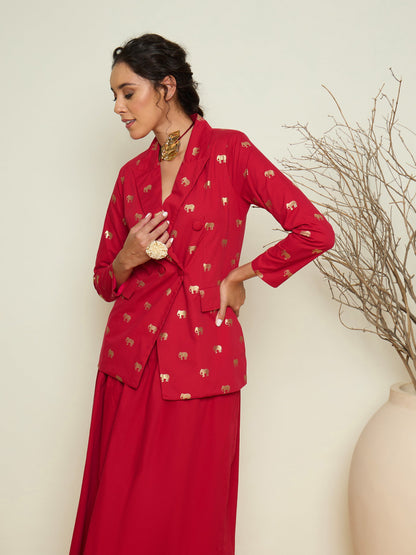 Women Fuchsia Foil Print Double Breasted Blazer With Gathered Skirt