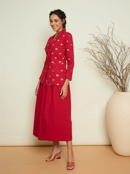 Women Fuchsia Foil Print Double Breasted Blazer With Gathered Skirt