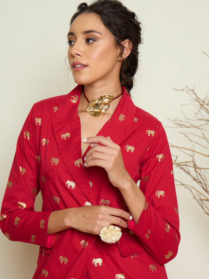 Women Fuchsia Foil Print Double Breasted Blazer With Gathered Skirt