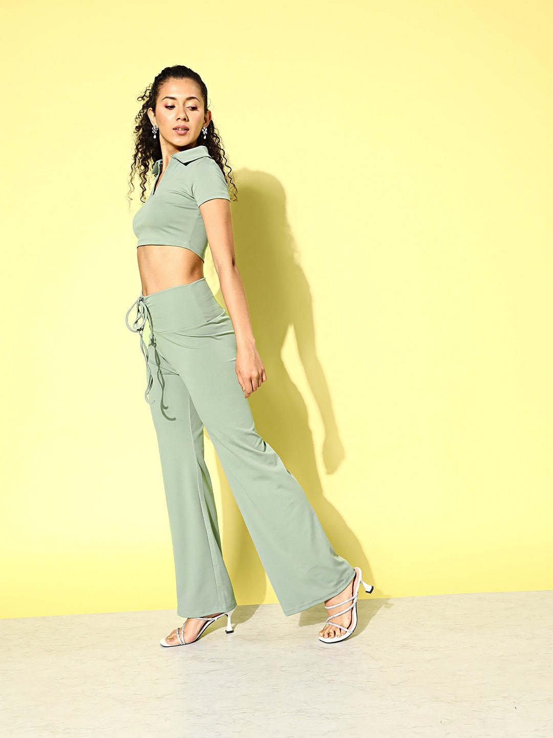 Olive Polo Crop Top With Tie Waist Yoga Pants