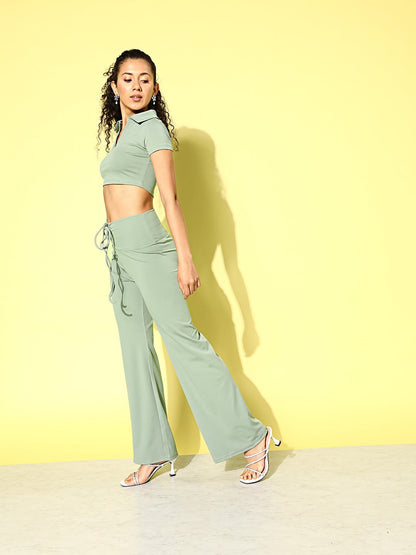 Olive Polo Crop Top With Tie Waist Yoga Pants