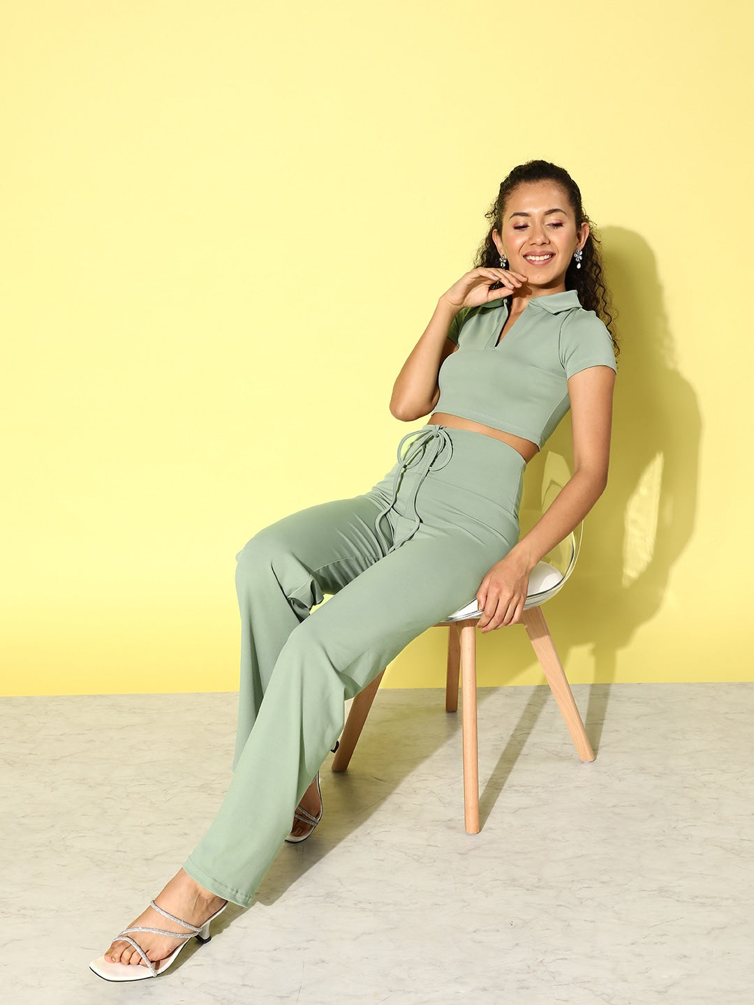 Olive Polo Crop Top With Tie Waist Yoga Pants