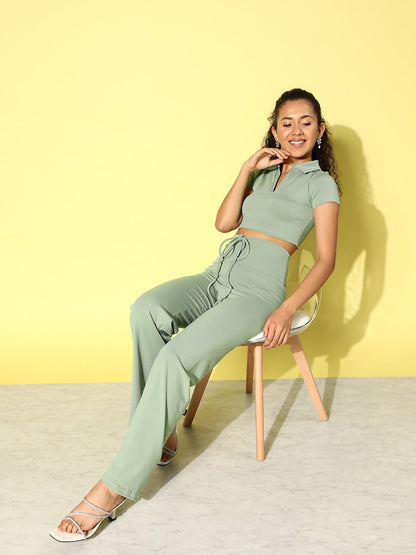 Olive Polo Crop Top With Tie Waist Yoga Pants