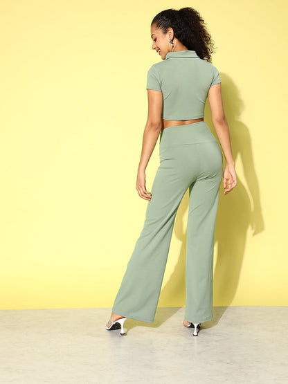 Olive Polo Crop Top With Tie Waist Yoga Pants