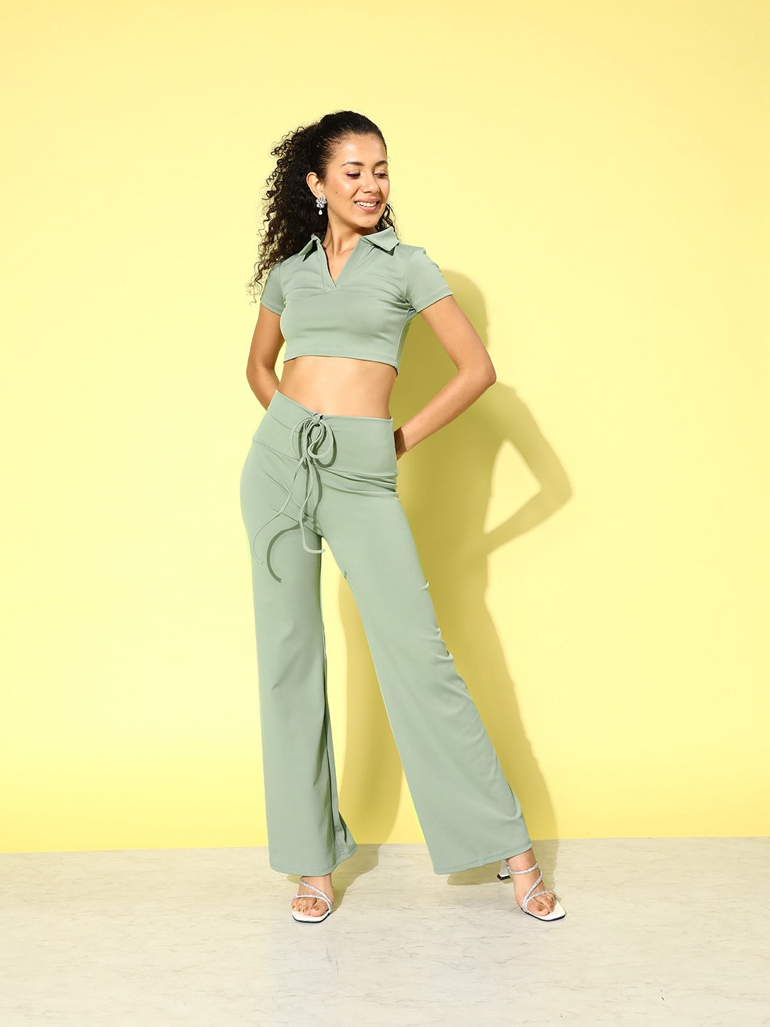 Olive Polo Crop Top With Tie Waist Yoga Pants