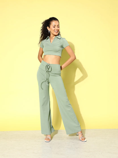 Olive Polo Crop Top With Tie Waist Yoga Pants