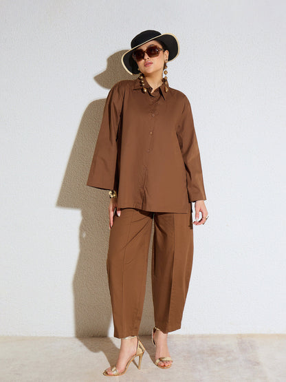Women Brown Poplin Oversize Shirt With Mom Fit Pants