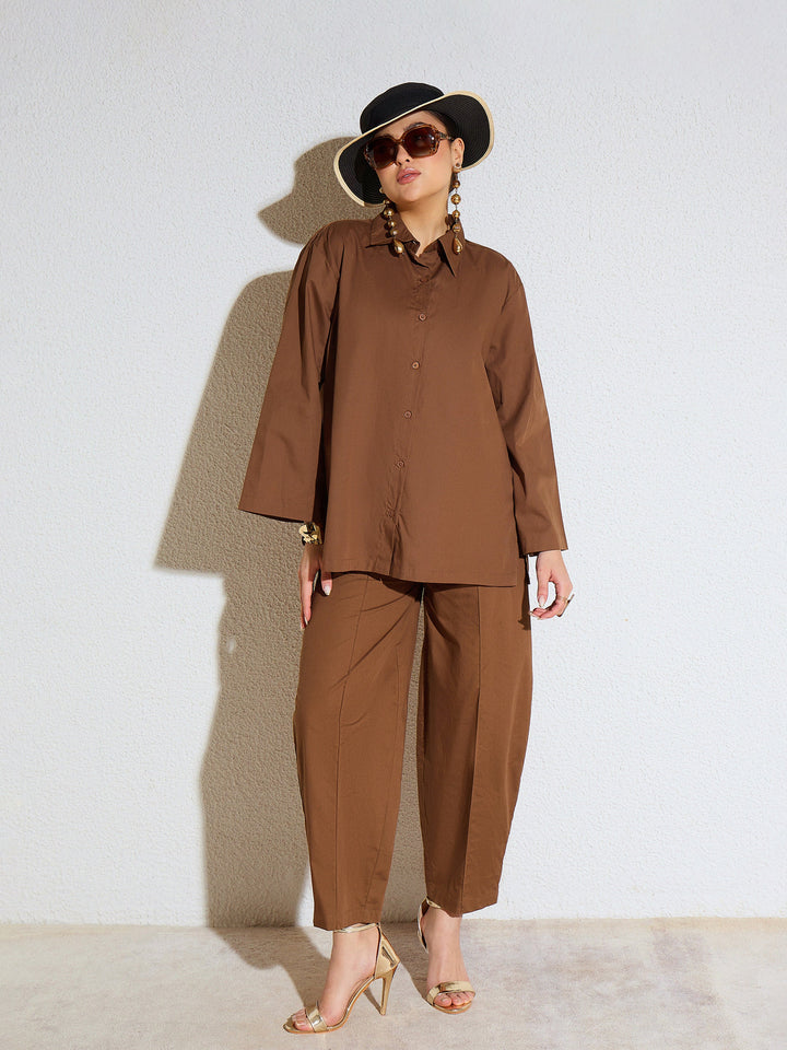 Women Brown Poplin Oversize Shirt With Mom Fit Pants