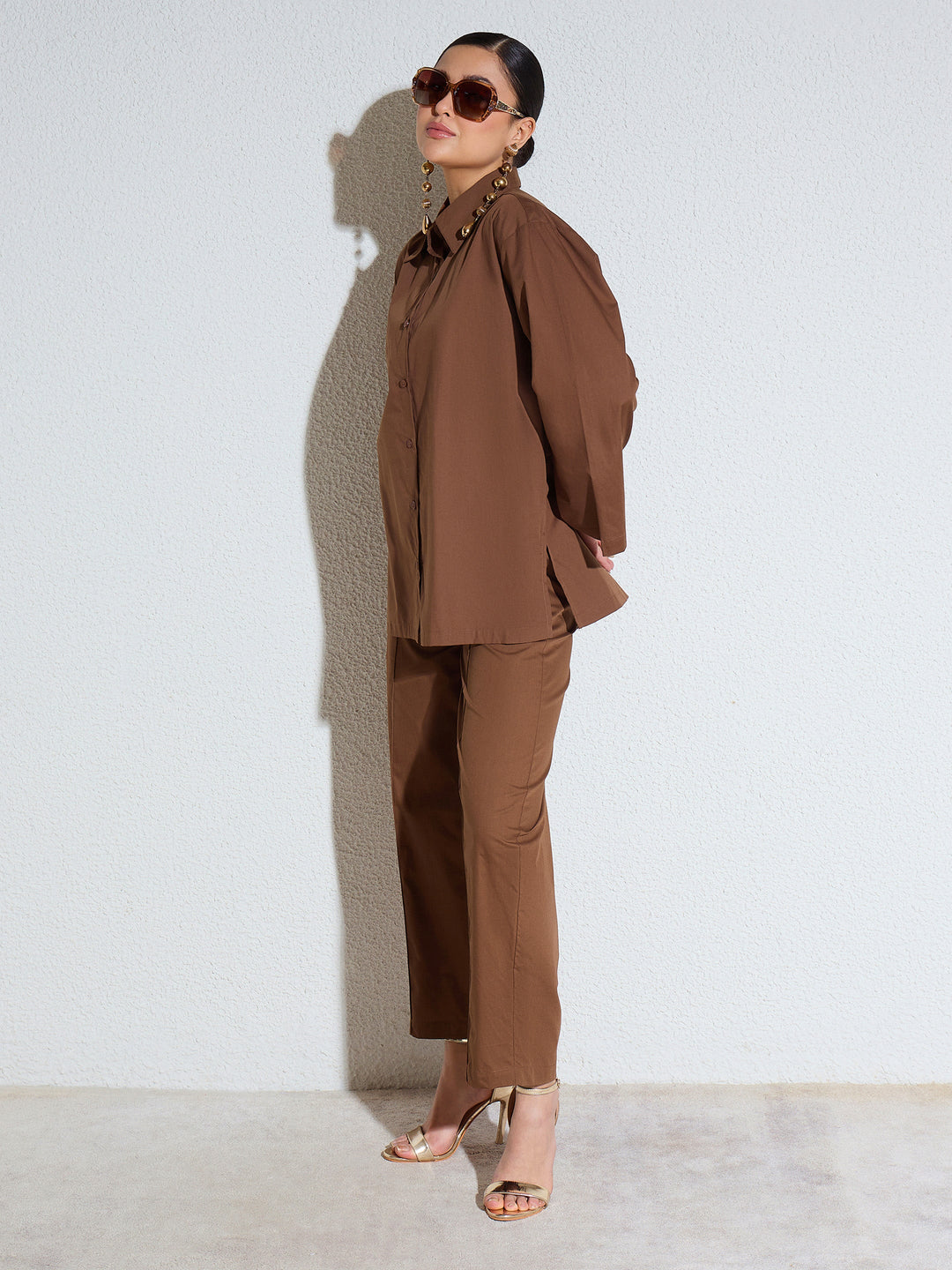Women Brown Poplin Oversize Shirt With Mom Fit Pants