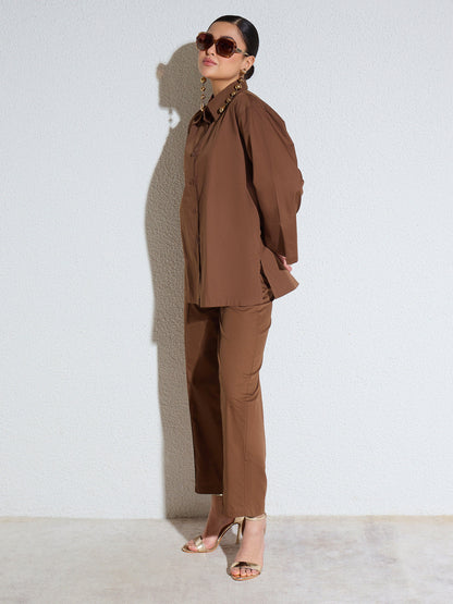 Women Brown Poplin Oversize Shirt With Mom Fit Pants