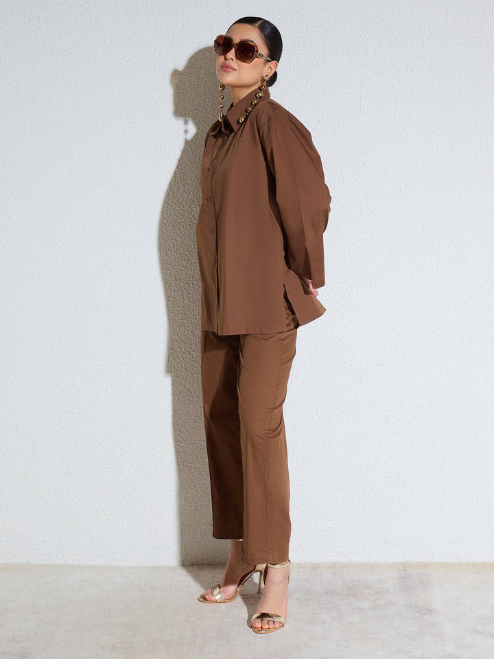 Women Brown Poplin Oversize Shirt With Mom Fit Pants