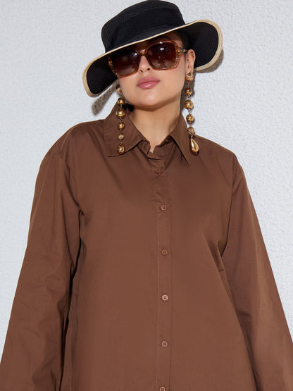 Women Brown Poplin Oversize Shirt With Mom Fit Pants