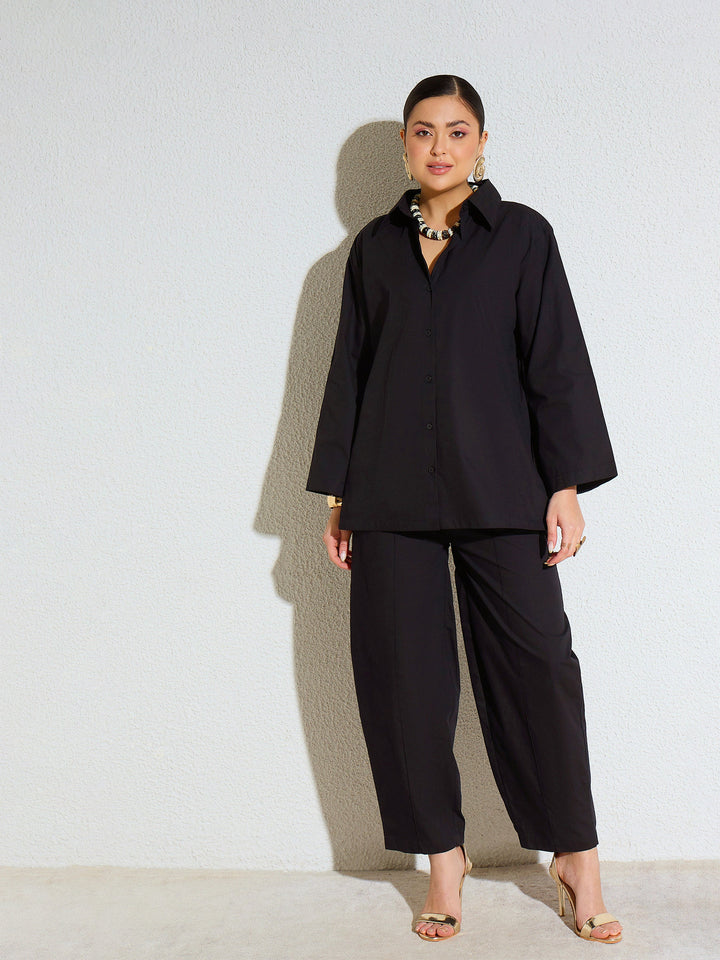 Women Black Poplin Oversize Shirt With Mom Fit Pants