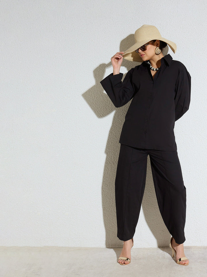 Women Black Poplin Oversize Shirt With Mom Fit Pants