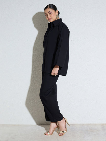 Women Black Poplin Oversize Shirt With Mom Fit Pants