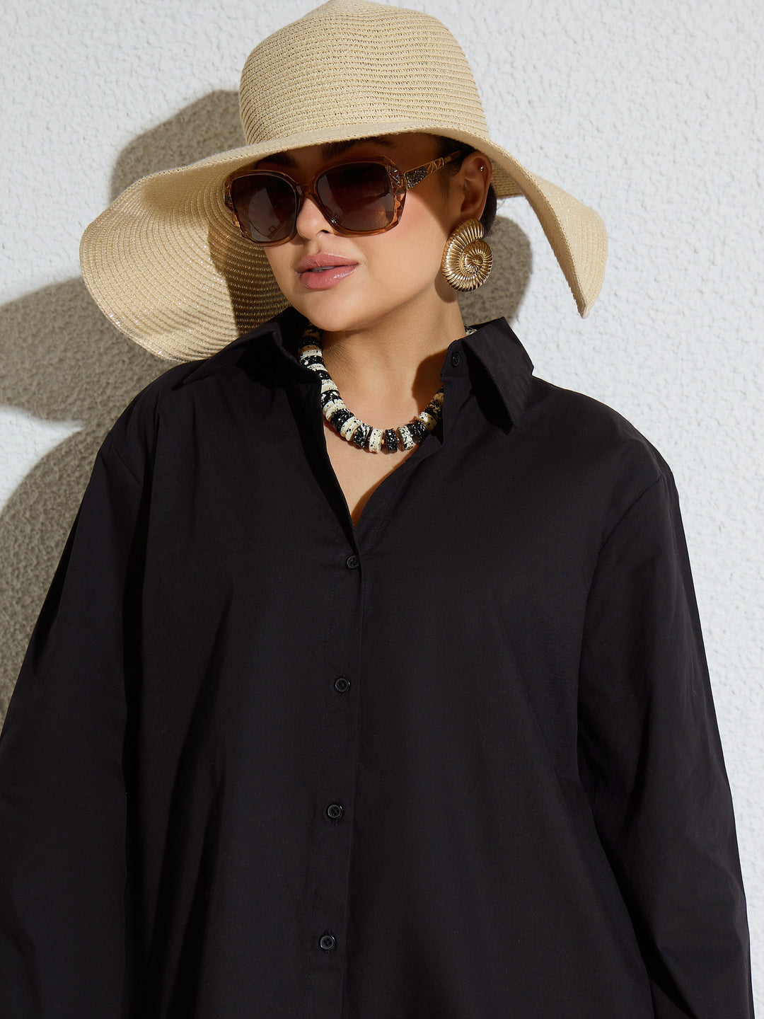 Women Black Poplin Oversize Shirt With Mom Fit Pants