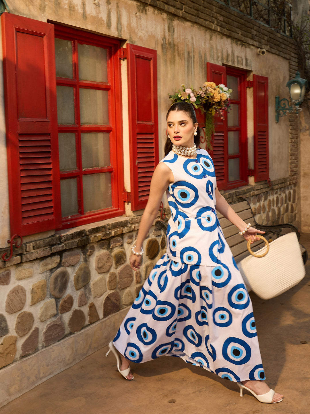 Women White Evil Eye Print Vest Top With Gathered Skirt
