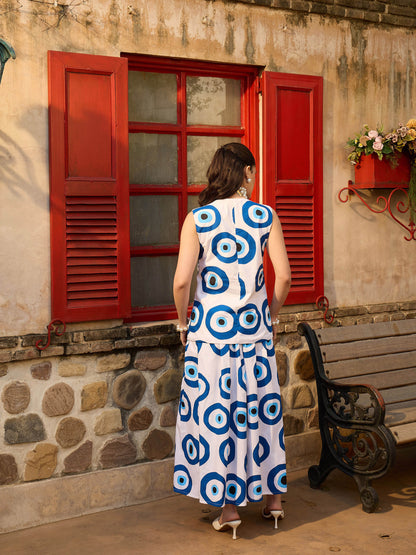 Women White Evil Eye Print Vest Top With Gathered Skirt