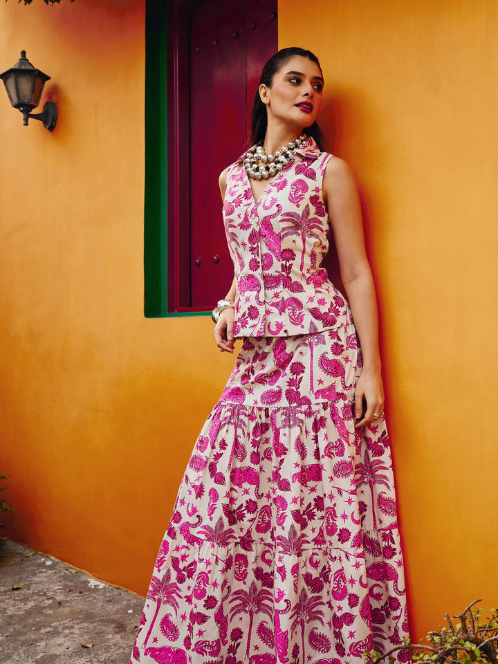 Women Pink Animal Print Vest Top With Tiered Skirt